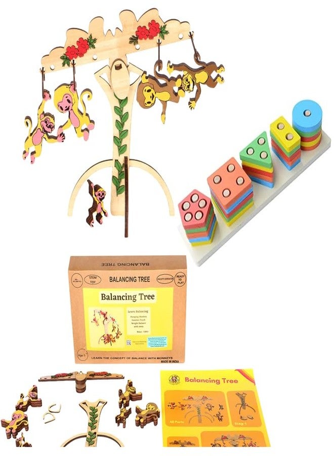Techny Birds Technybirds Wooden Balancing Tree and Wooden Shape Sorter Combo | Educational Toys for Kids | Montessori Learning Toys | Shape Recognition Toys | Fine Motor Skills Development - Image 1